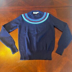 Vintage Eir Ladies Sweater With Colorful Striped Collar 100% Wool sz S Navy Blue
